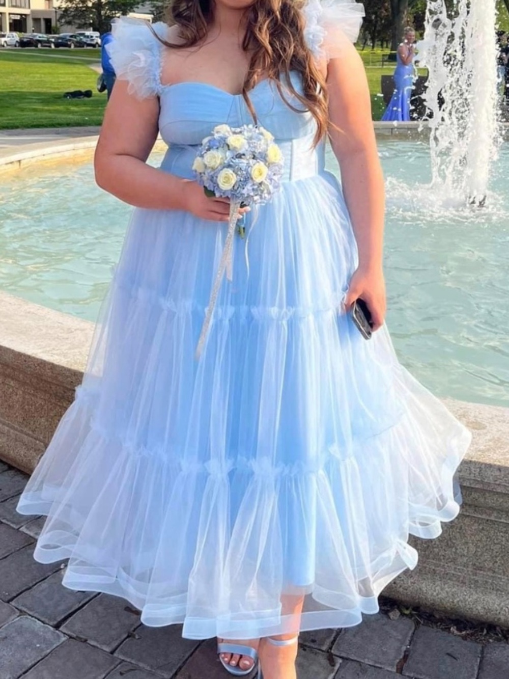 Ava Gowns Mia tea length light blue tiered ruffle dress